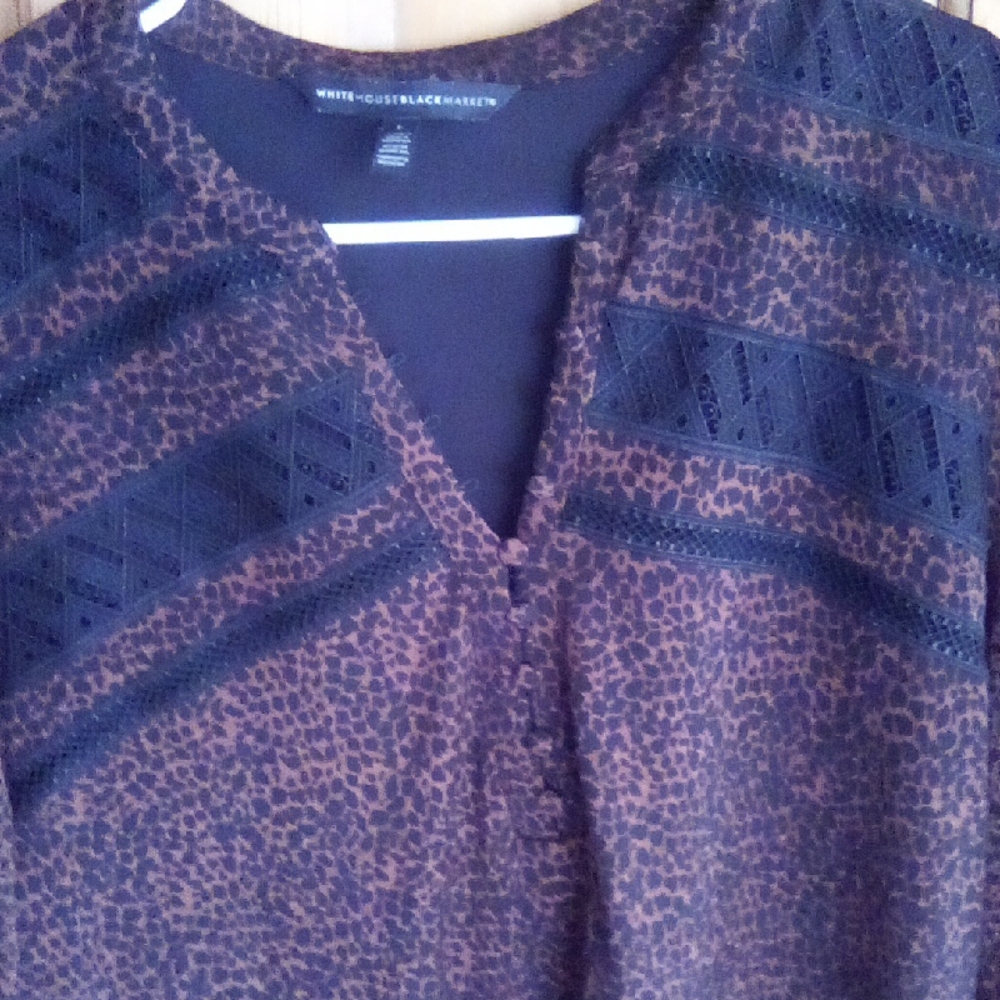 White House Black Market Brown Blouse with Black Accents